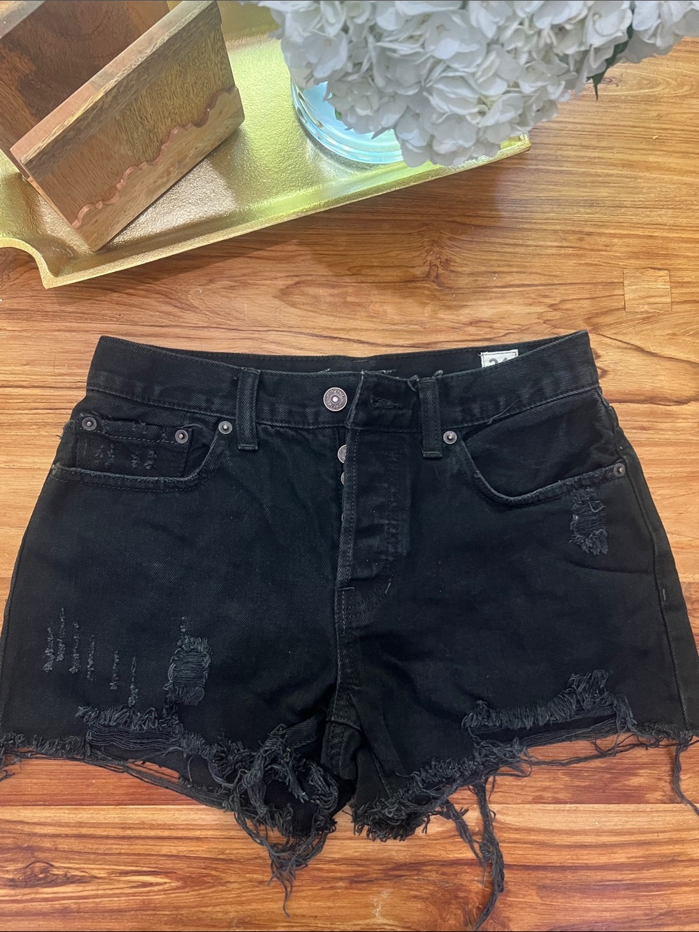 We The Free by Free People Button Fly Black Distressed Cutoff Denim Shorts 26
